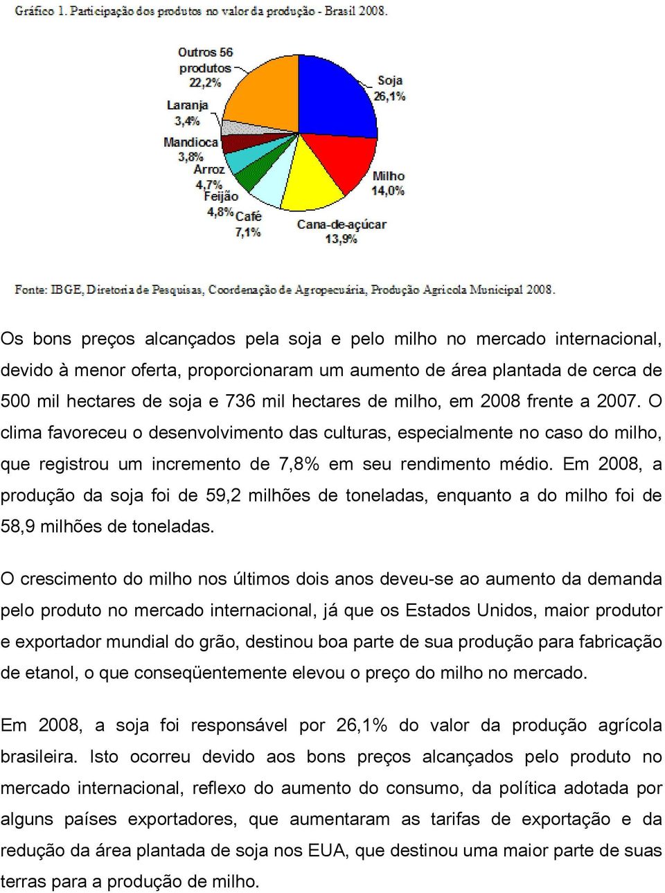 Em 2008, a produção da soja foi de 59,2 milhões de toneladas, enquanto a do milho foi de 58,9 milhões de toneladas.