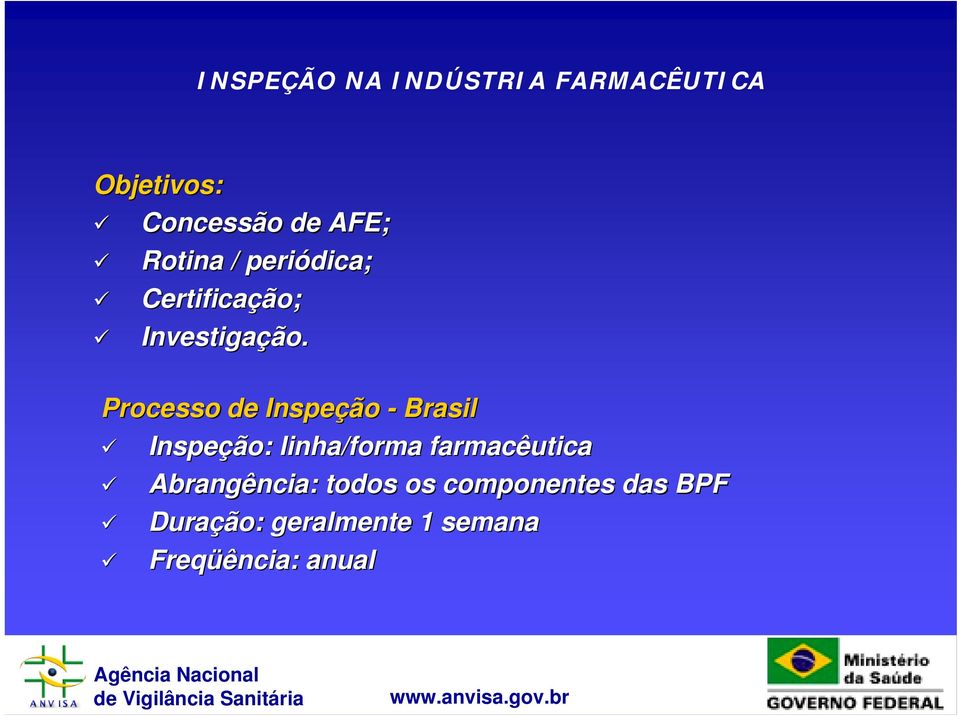 Processo de Inspeção - Brasil Inspeção: linha/forma farmacêutica