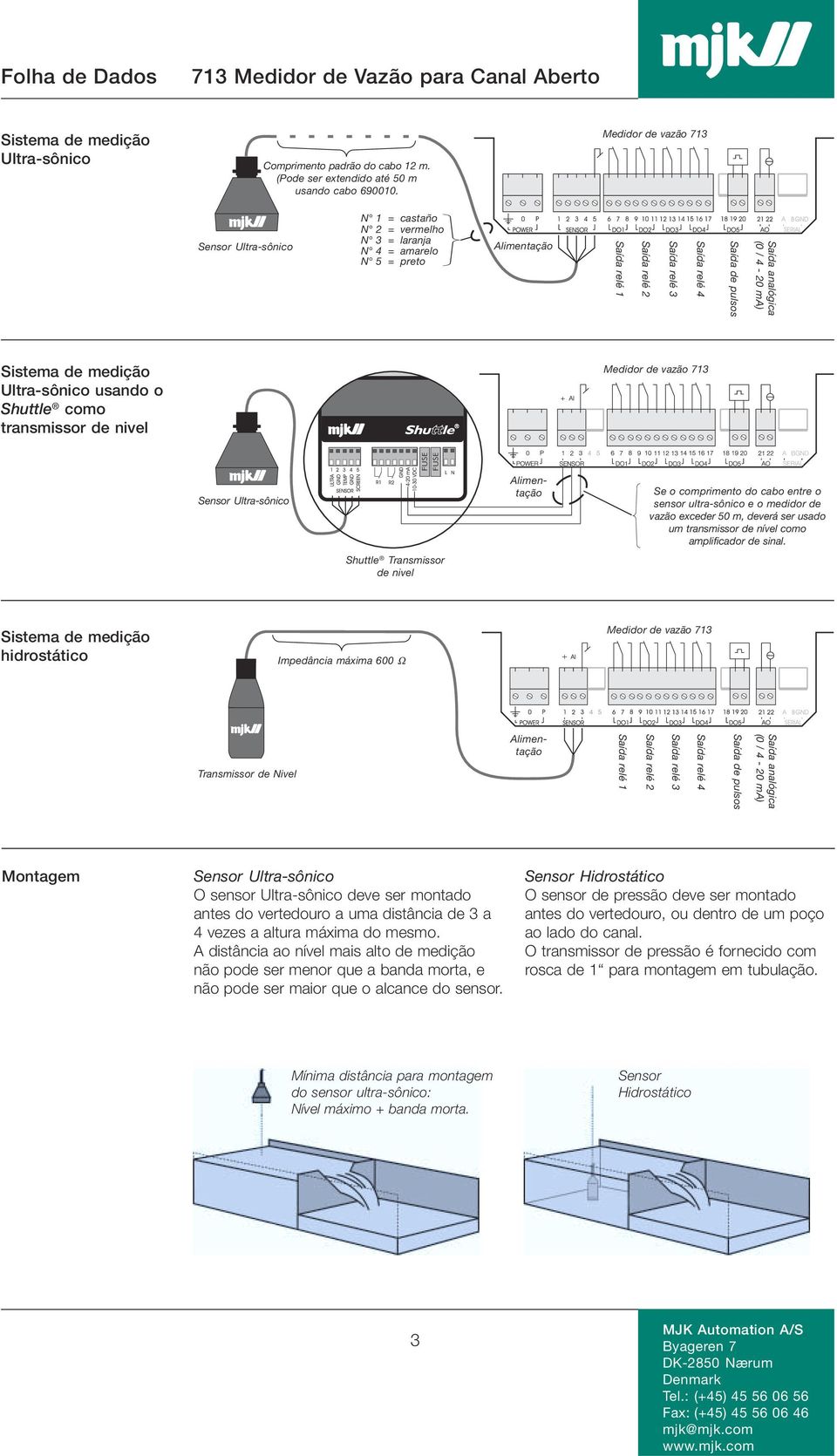 Sistema de medição Ultra-sônico usando o Shuttle como transmissor de nivel Medidor de vazão 713 Alimentação Se o comprimento do cabo entre o sensor ultra-sônico e o medidor de vazão exceder 50 m,