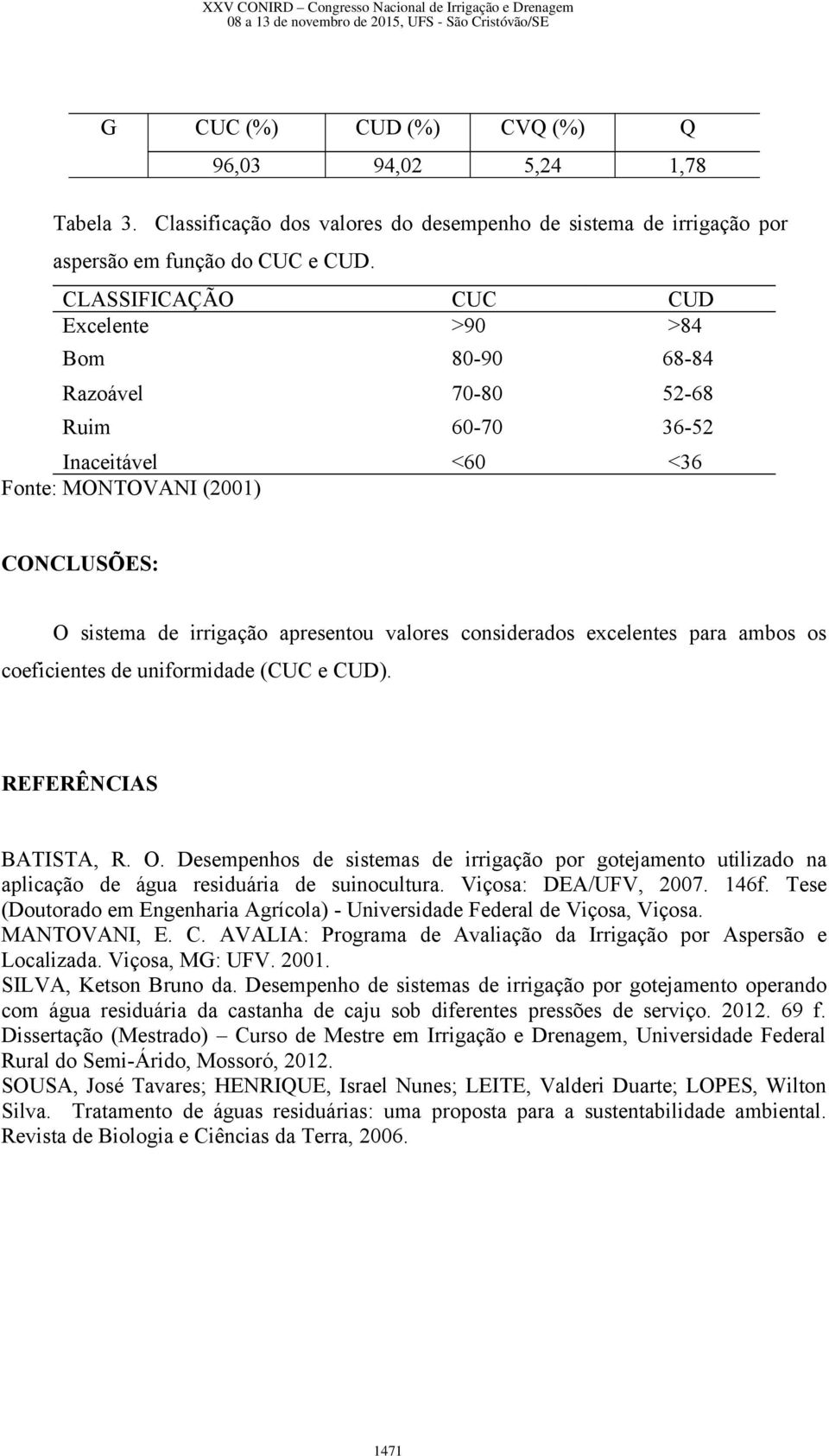 considerados excelentes para ambos os coeficientes de uniformidade (CUC e CUD). REFERÊNCIAS BATISTA, R. O.