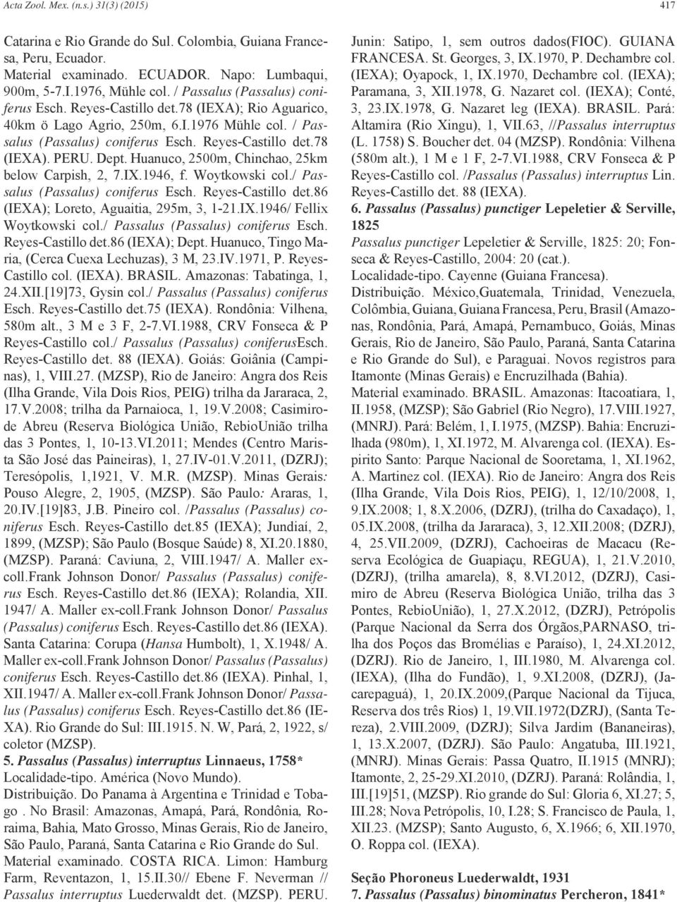 Dept. Huanuco, 2500m, Chinchao, 25km below Carpish, 2, 7.IX.1946, f. Woytkowski col./ Passalus (Passalus) coniferus Esch. Reyes-Castillo det.86 (IEXA); Loreto, Aguaitia, 295m, 3, 1-21.IX.1946/ Fellix Woytkowski col.