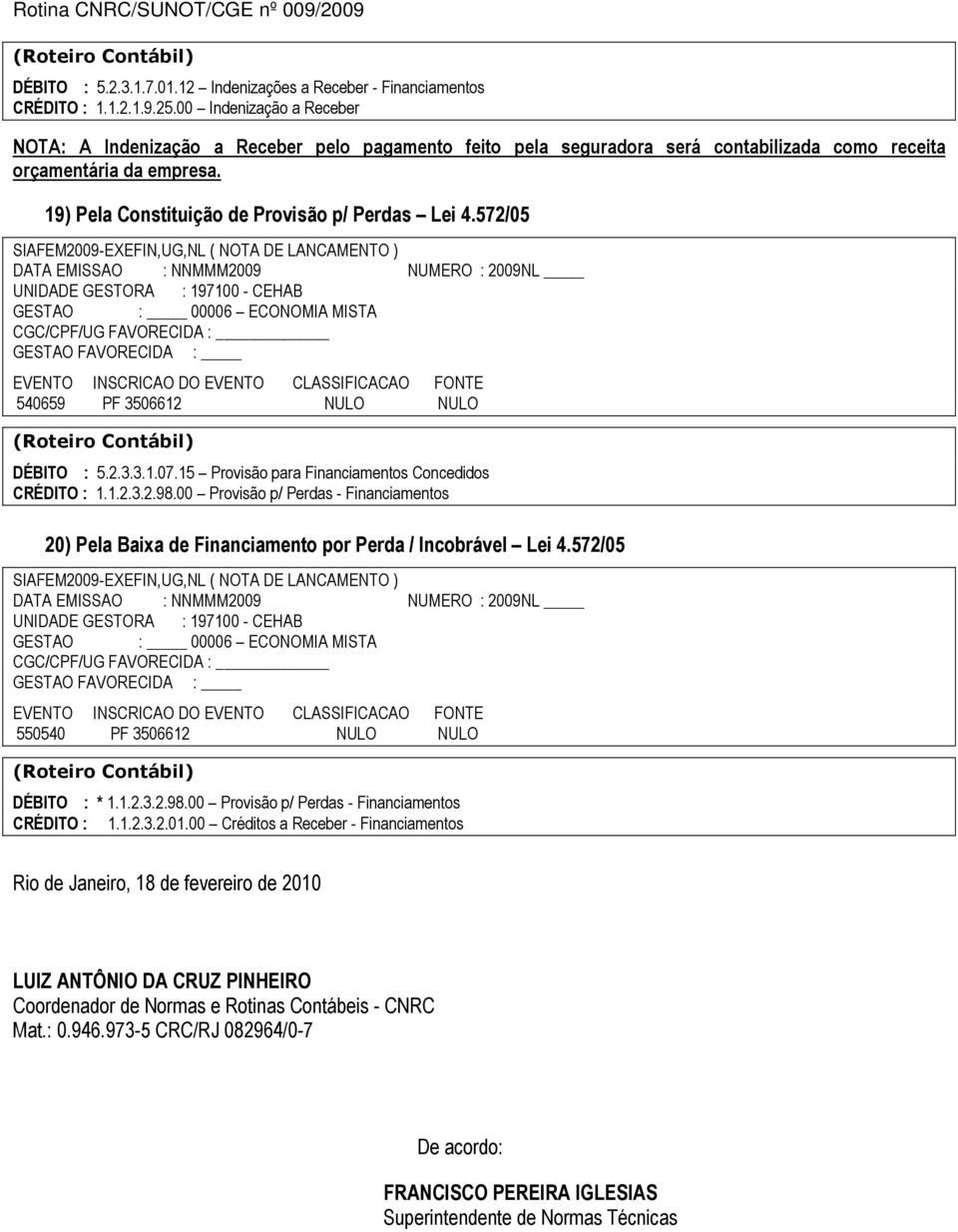 572/05 540659 PF 3506612 NULO NULO DÉBITO : 5.2.3.3.1.07.15 Provisão para Financiamentos Concedidos CRÉDITO : 1.1.2.3.2.98.