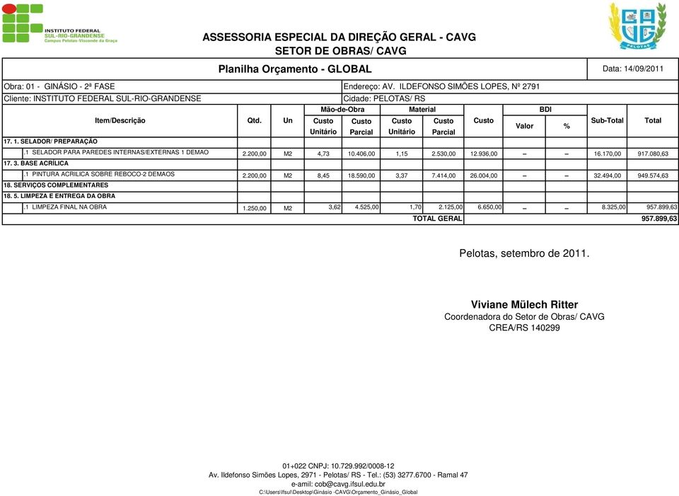 494,00 949.574,63 18. SERVIÇOS COMPLEMENTARES 18. 5. LIMPEZA E ENTREGA DA OBRA.1 LIMPEZA FINAL NA OBRA 1.250,00 M2 3,62 4.525,00 1,70 2.