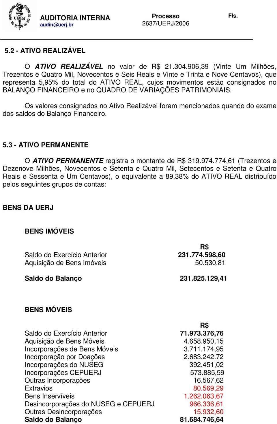 FINANCEIRO e no QUADRO DE VARIAÇÕES PATRIMONIAIS. Os valores consignados no Ativo Realizável foram mencionados quando do exame dos saldos do Balanço Financeiro. 5.