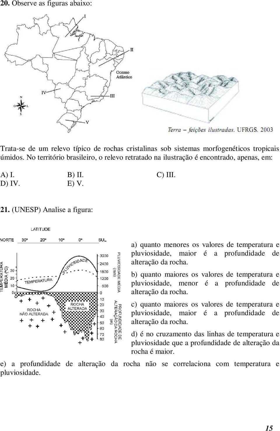 (UNESP) Analise a figura: a) quanto menores os valores de temperatura e pluviosidade, maior é a profundidade de alteração da rocha.