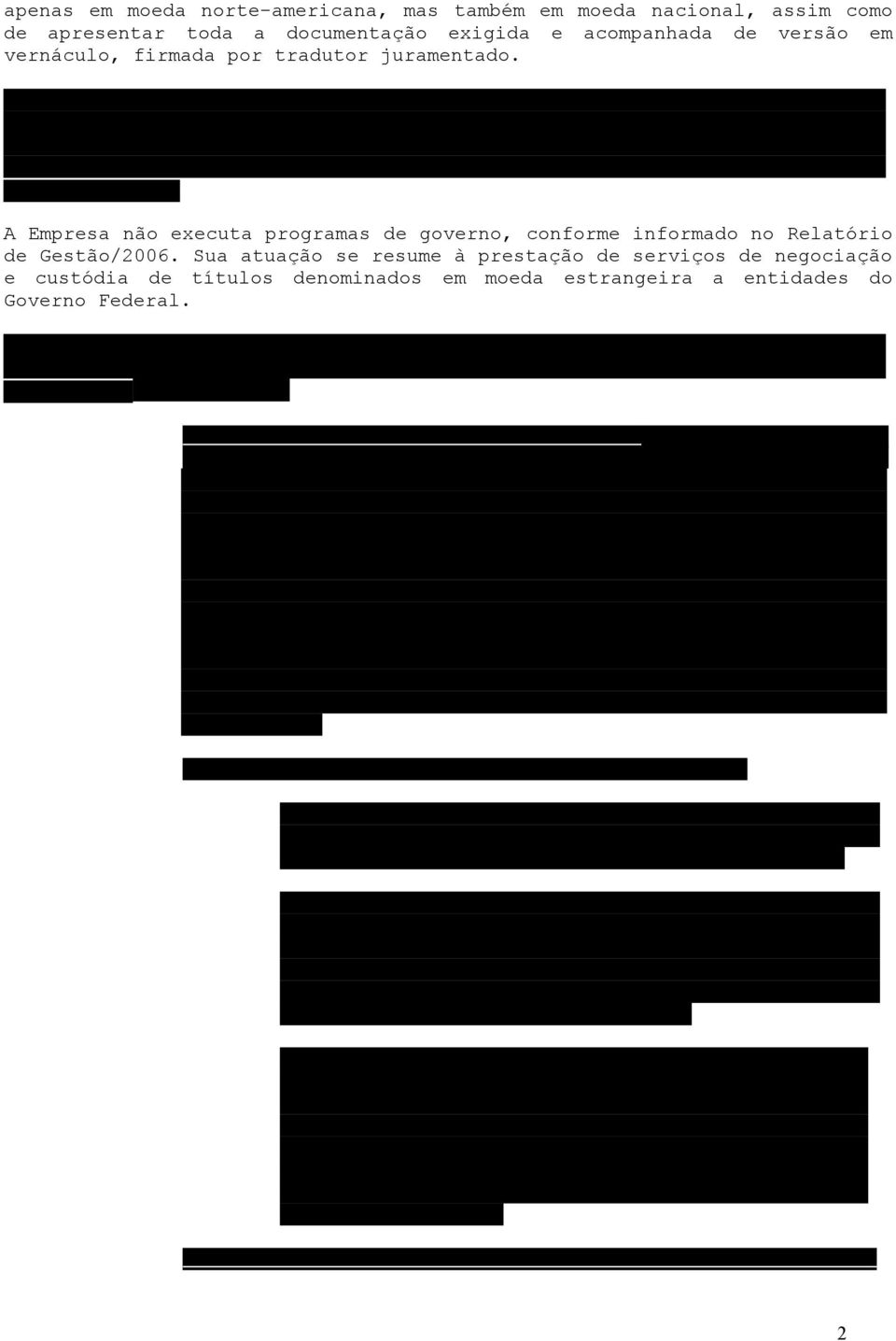 A Empresa não executa programas de governo, conforme informado no Relatório de Gestão/2006.