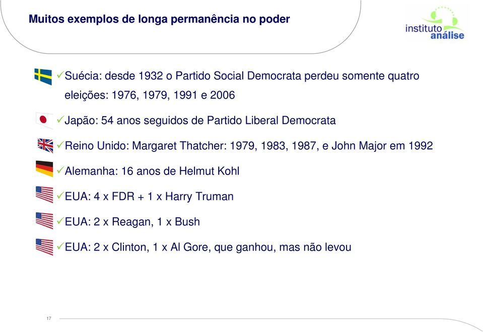 Reino Unido: Margaret Thatcher: 1979, 1983, 1987, e John Major em 1992 Alemanha: 16 anos de Helmut Kohl