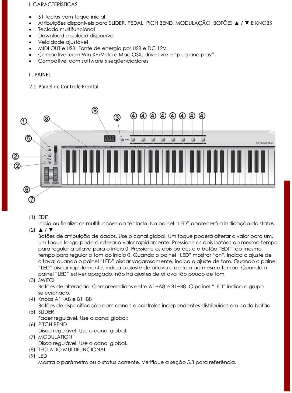 1 Painel de Controle Frontal (1) EDIT Inicia ou finaliza as multifunções do teclado. No painel LED aparecerá a indicação do status. (2) / Botões de atribuição de dados. Use o canal global.