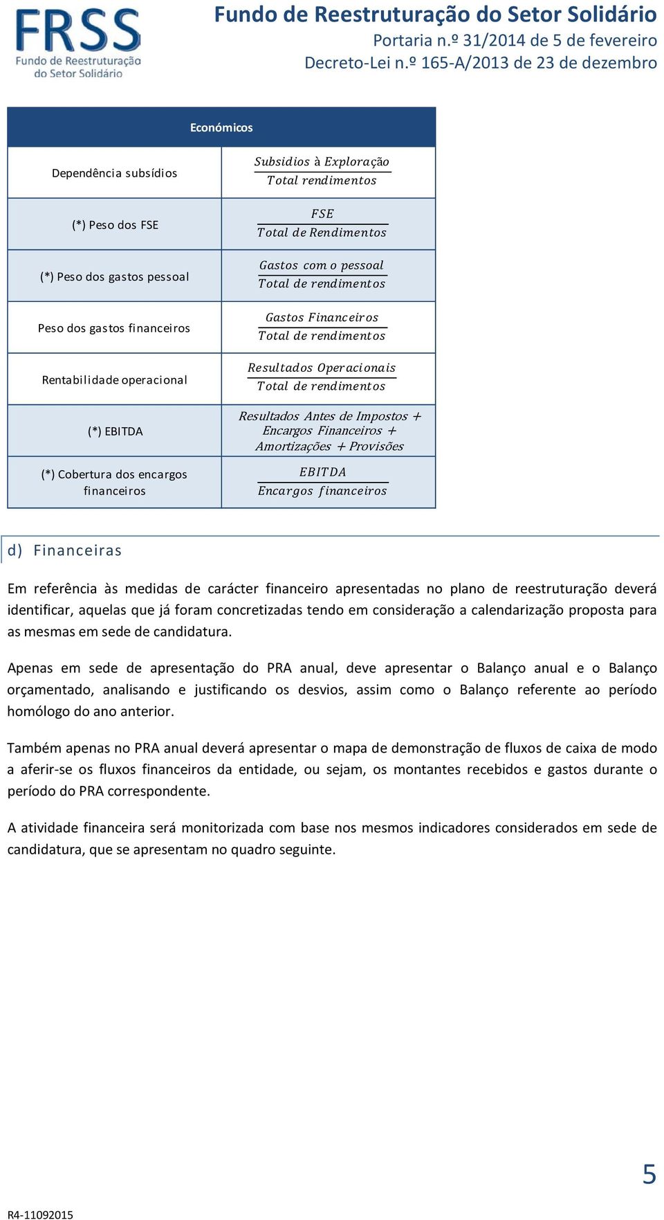 EBITDA Encargos financeiros d) Financeiras Em referência às medidas de carácter financeiro apresentadas no plano de reestruturação deverá identificar, aquelas que já foram concretizadas tendo em