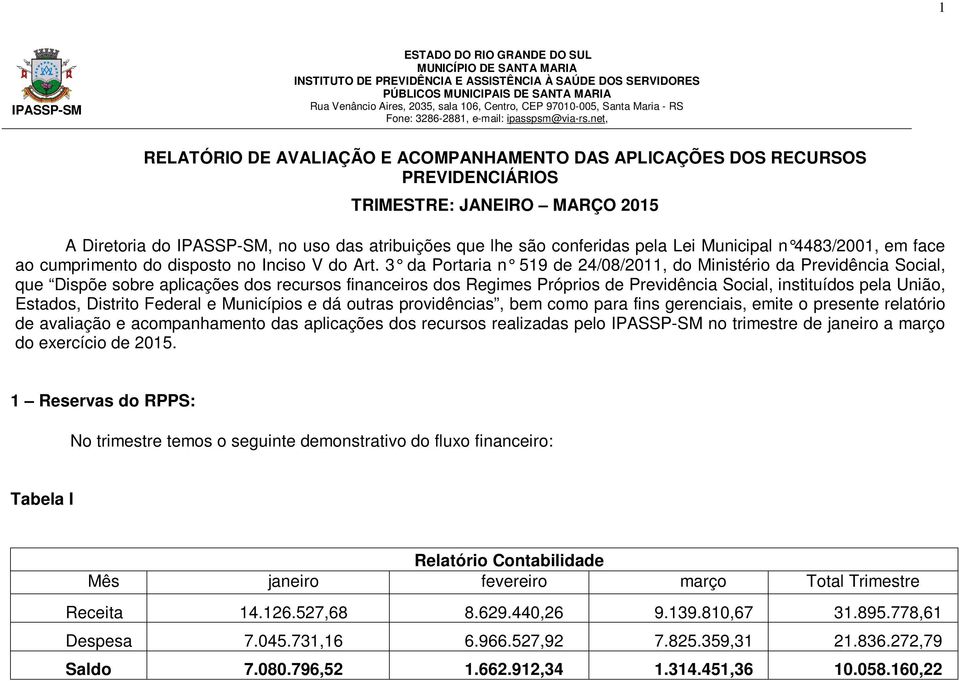 net, RELATÓRIO DE AVALIAÇÃO E ACOMPANHAMENTO DAS APLICAÇÕES DOS RECURSOS PREVIDENCIÁRIOS TRIMESTRE: JANEIRO MARÇO 2015 A Diretoria do IPASSP-SM, no uso das atribuições que lhe são conferidas pela Lei