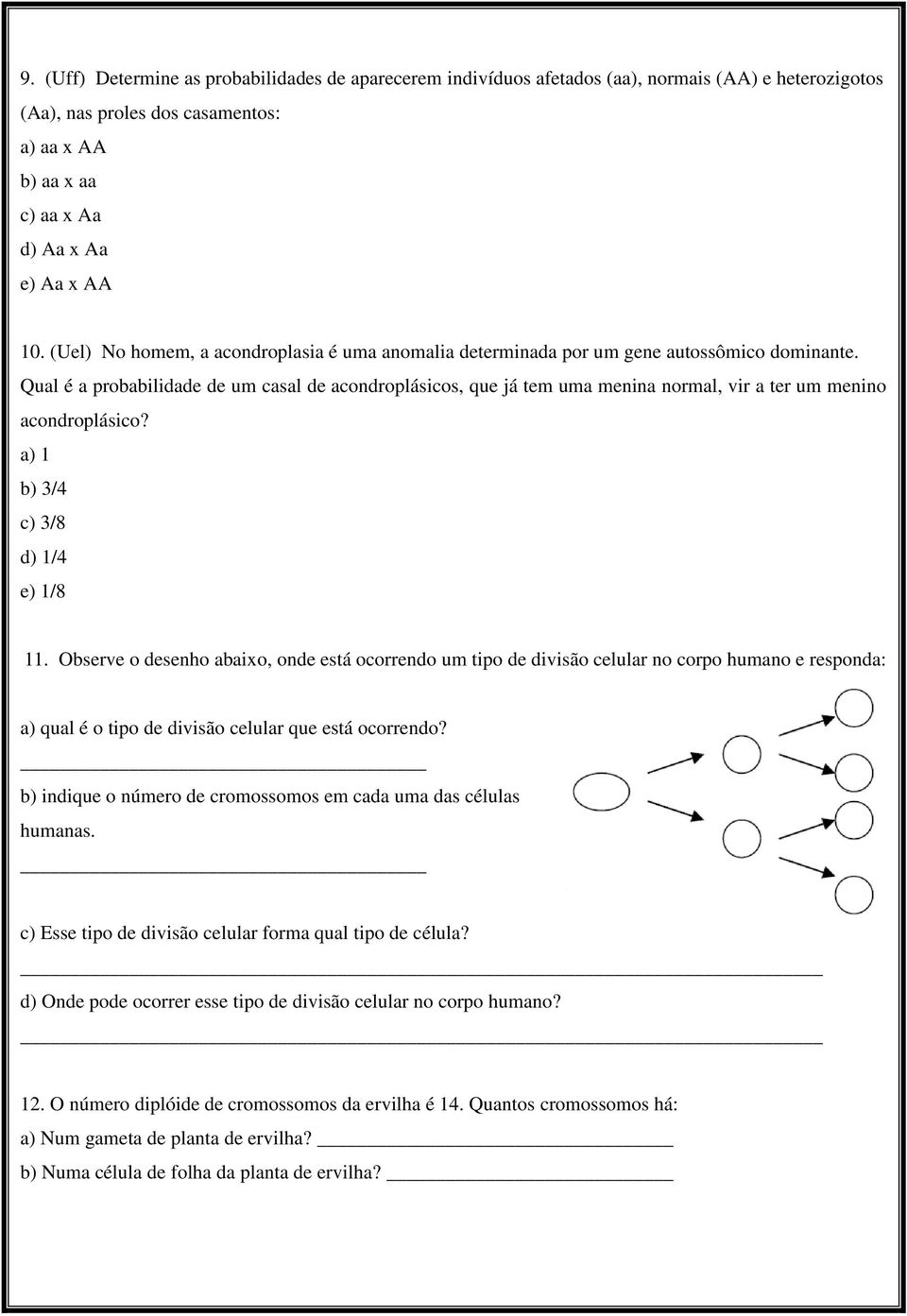 Qual é a probabilidade de um casal de acondroplásicos, que já tem uma menina normal, vir a ter um menino acondroplásico? a) 1 b) 3/4 c) 3/8 d) 1/4 e) 1/8 11.