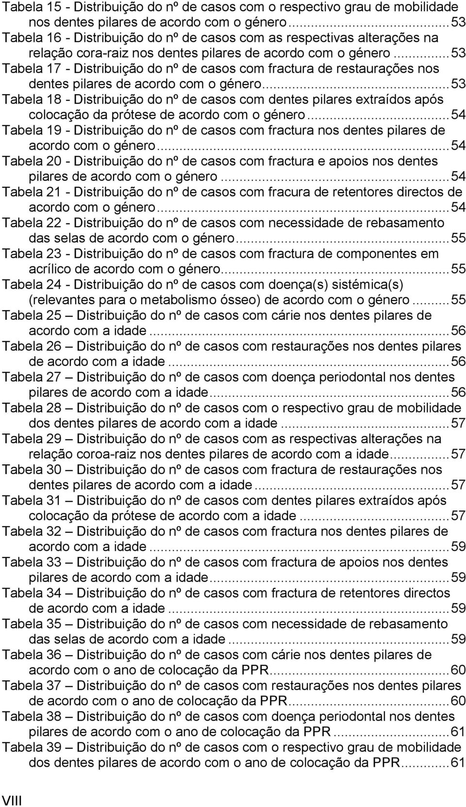 .. 53 Tabela 17 - Distribuição do nº de casos com fractura de restaurações nos dentes pilares de acordo com o género.