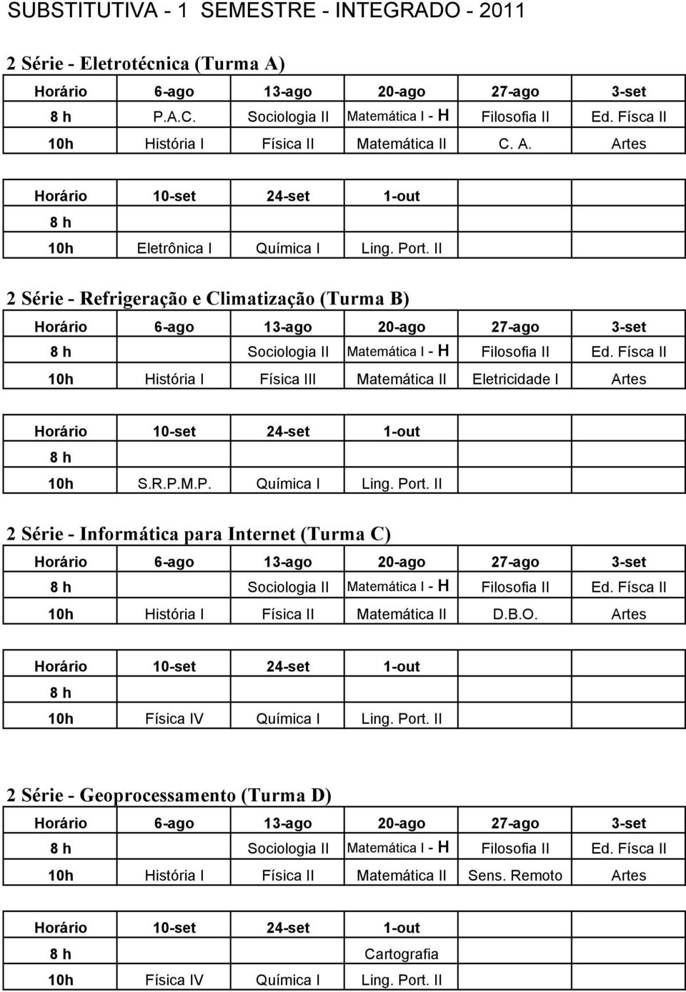 Port. II 2 Série - Informática para Internet (Turma C) Sociologia II Matemática I - H Filosofia II Ed. Físca II História I Física II Matemática II D.B.O. Artes Física IV Química I Ling. Port.