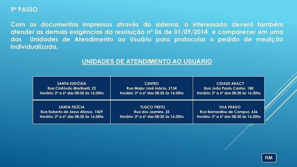 UNIDADES DE ATENDIMENTO AO USUÁRIO SANTA EUDÓXIA Rua Cristóvão Martinelli, 22 Horário: 2ª a 6ª das 08:30 às 16:30hs CENTRO Rua Major José Inácio, 2134 Horário: 2ª a 6ª das 08:30 às 16:30hs