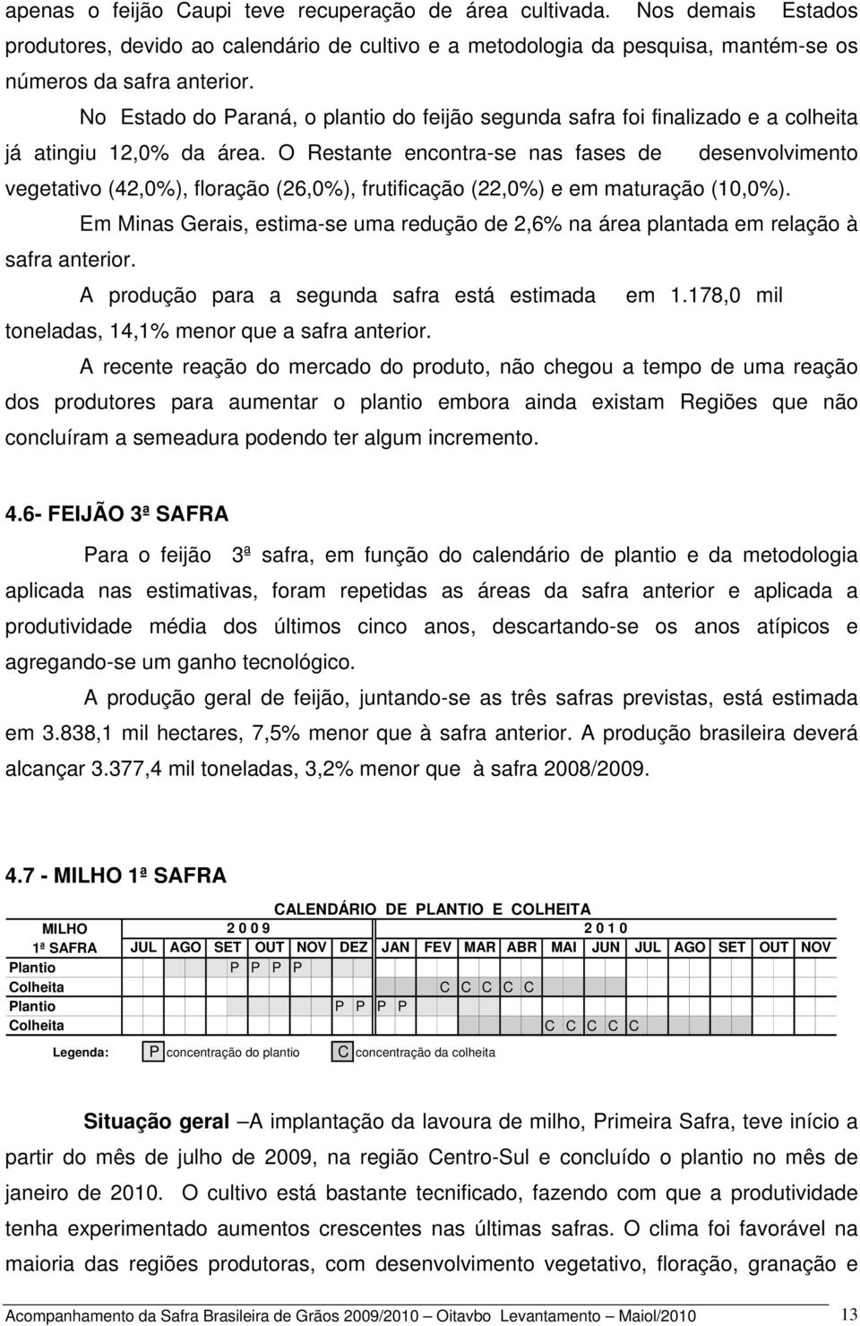 O Restante encontra-se nas fases de desenvolvimento vegetativo (42,0%), floração (26,0%), frutificação (22,0%) e em maturação (10,0%).