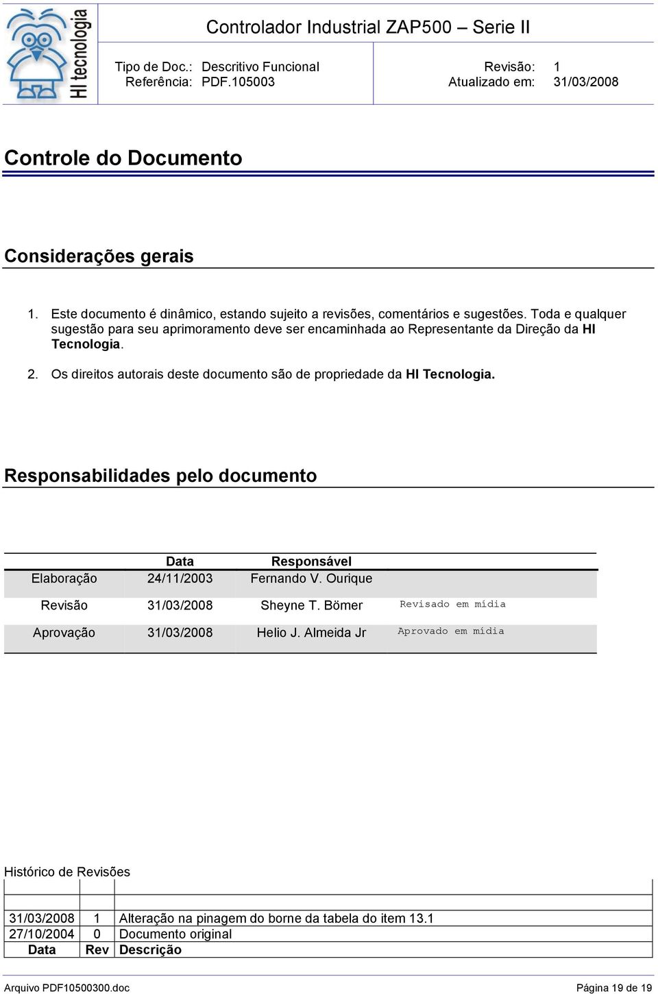 Os direitos autorais deste documento são de propriedade da HI Tecnologia. Responsabilidades pelo documento Data Responsável Elaboração 24//2003 Fernando V.