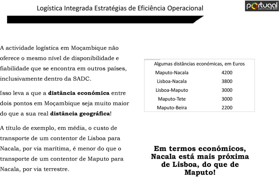 inclusivamente dentro da SADC. Isso leva a que a distância económica entre dois pontos em Moçambique seja muito maior do que a sua real distância geográfica!