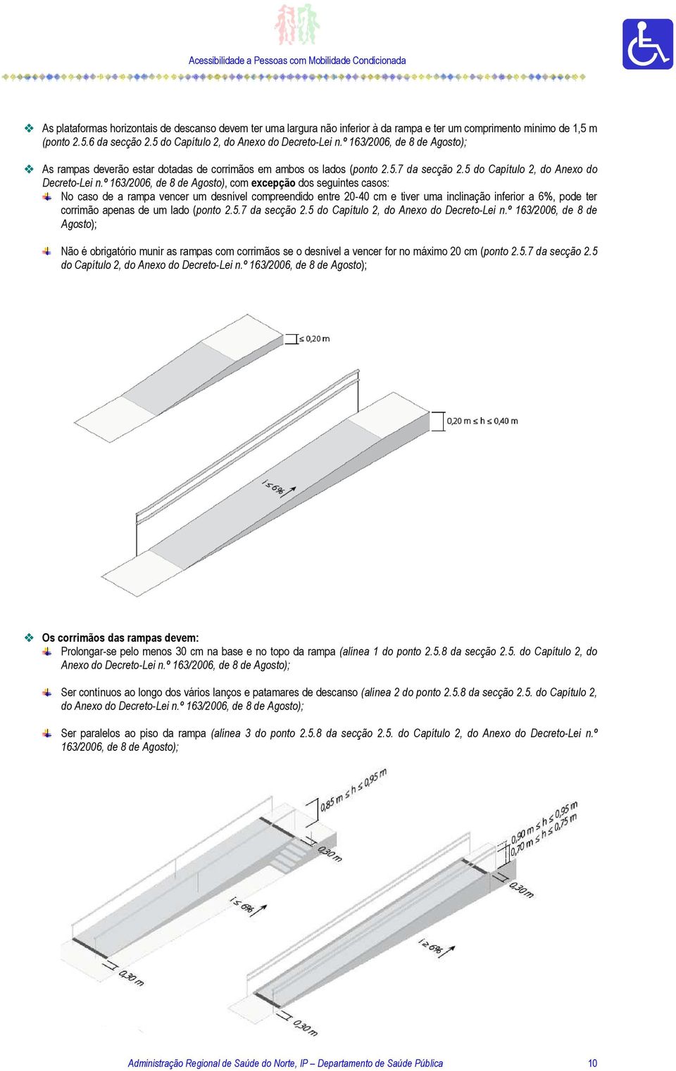 º 163/2006, de 8 de Agosto), com excepção dos seguintes casos: No caso de a rampa vencer um desnível compreendido entre 20-40 cm e tiver uma inclinação inferior a 6%, pode ter corrimão apenas de um