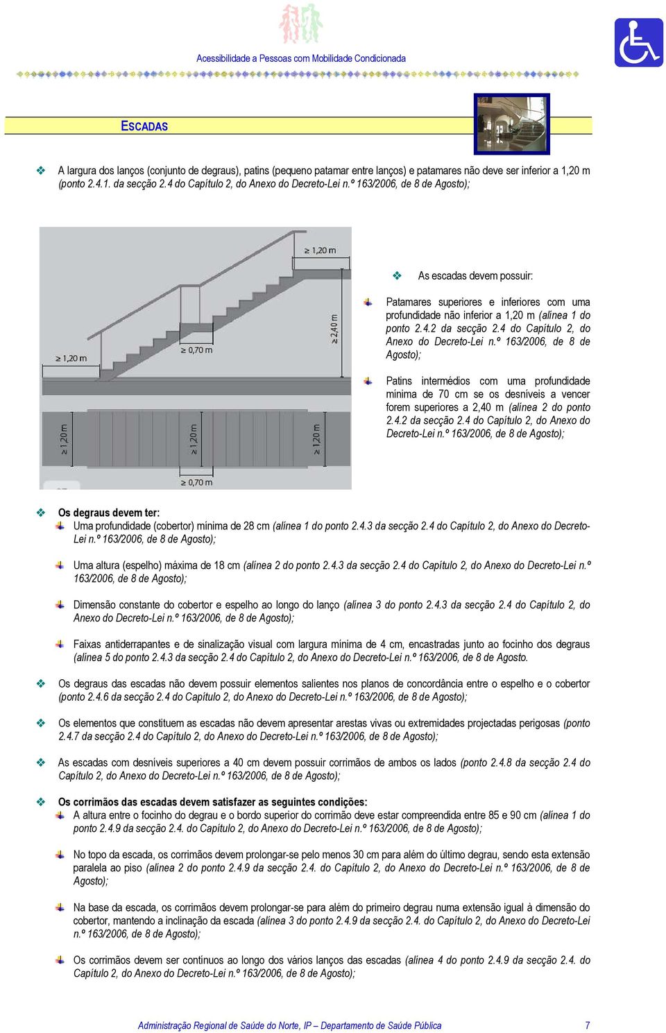 4 do Capítulo 2, do Anexo do Decreto-Lei n.º 163/2006, de 8 de Agosto); Patins intermédios com uma profundidade mínima de 70 cm se os desníveis a vencer forem superiores a 2,40 m (alínea 2 do ponto 2.