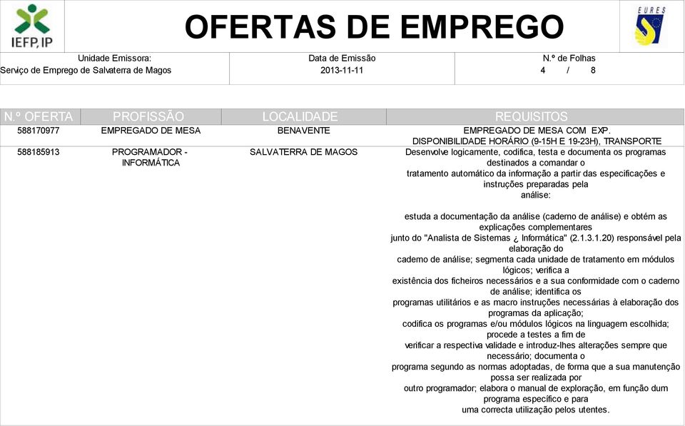 especificações e instruções preparadas pela análise: estuda a documentação da análise (caderno de análise) e obtém as explicações complementares junto do "Analista de Sistemas Informática" (2.1.