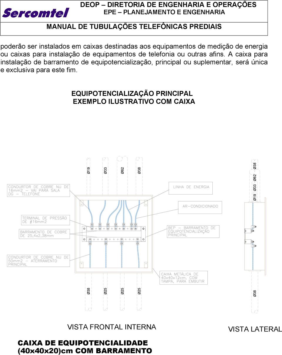 A caixa para instalação de barramento de equipotencialização, principal ou suplementar, será única e exclusiva