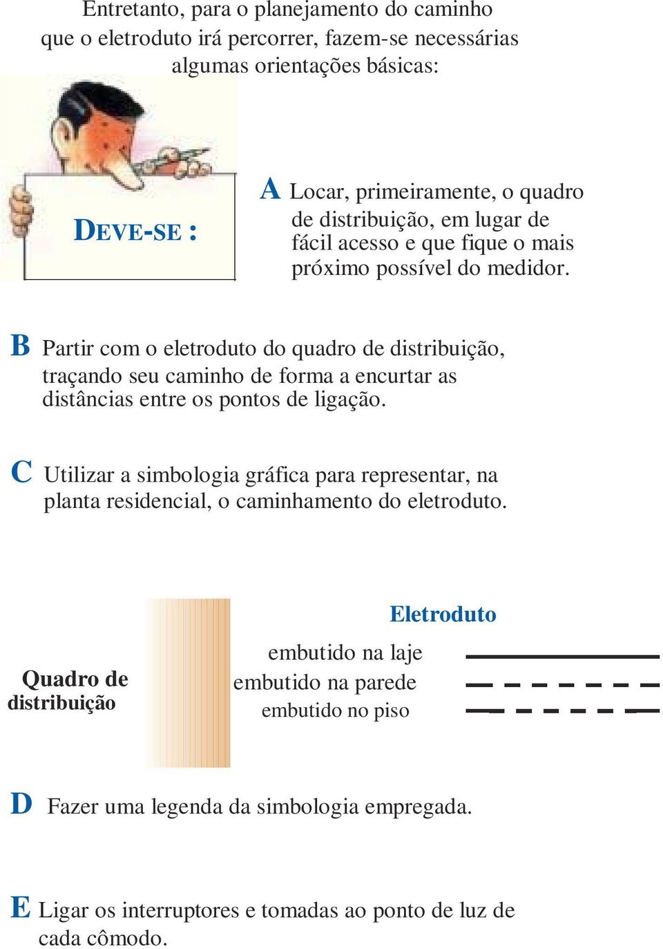 B Partir com o eletroduto do quadro de distribuição, traçando seu caminho de forma a encurtar as distâncias entre os pontos de ligação.