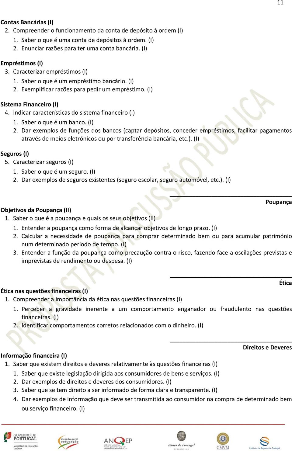 Indicar características do sistema financeiro (I) 1. Saber o que é um banco. (I) 2.