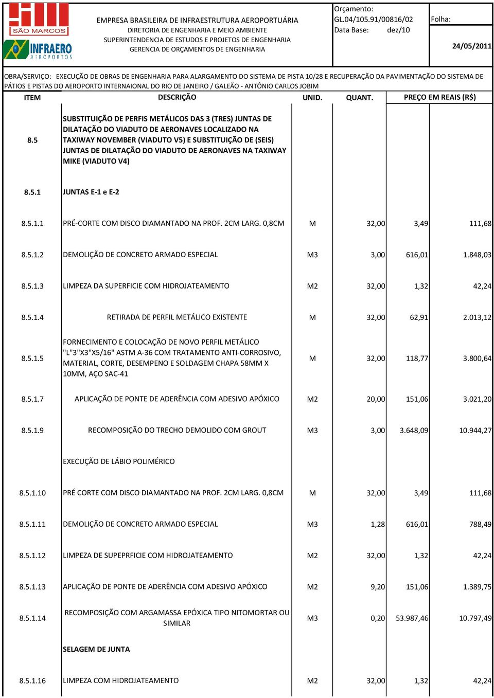 848,03 8.5.1.3 LIMPEZA DA SUPERFICIE COM HIDROJATEAMENTO M2 32,00 1,32 42,24 8.5.1.4 RETIRADA DE PERFIL METÁLICO EXISTENTE M 32,00 62,91 2.013,12 FORNECIMENTO E COLOCAÇÃO DE NOVO PERFIL METÁLICO 8.5.1.5 "L"3"X3"X5/16" ASTM A-36 COM TRATAMENTO ANTI-CORROSIVO, MATERIAL, CORTE, DESEMPENO E SOLDAGEM CHAPA 58MM X M 32,00 118,77 3.