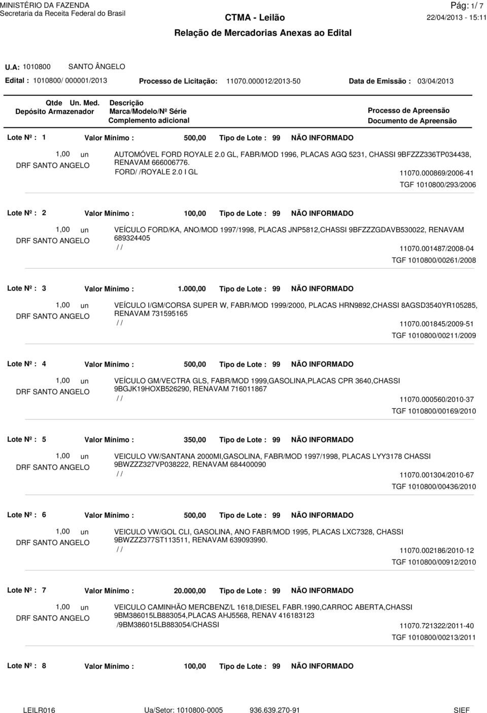 000,00 VEÍCULO I/GM/CORSA SUPER W, FABR/MOD 19/2000, PLACAS HRN9892,CHASSI 8AGSD3540YR105285, RENAVAM 731595165 11070.