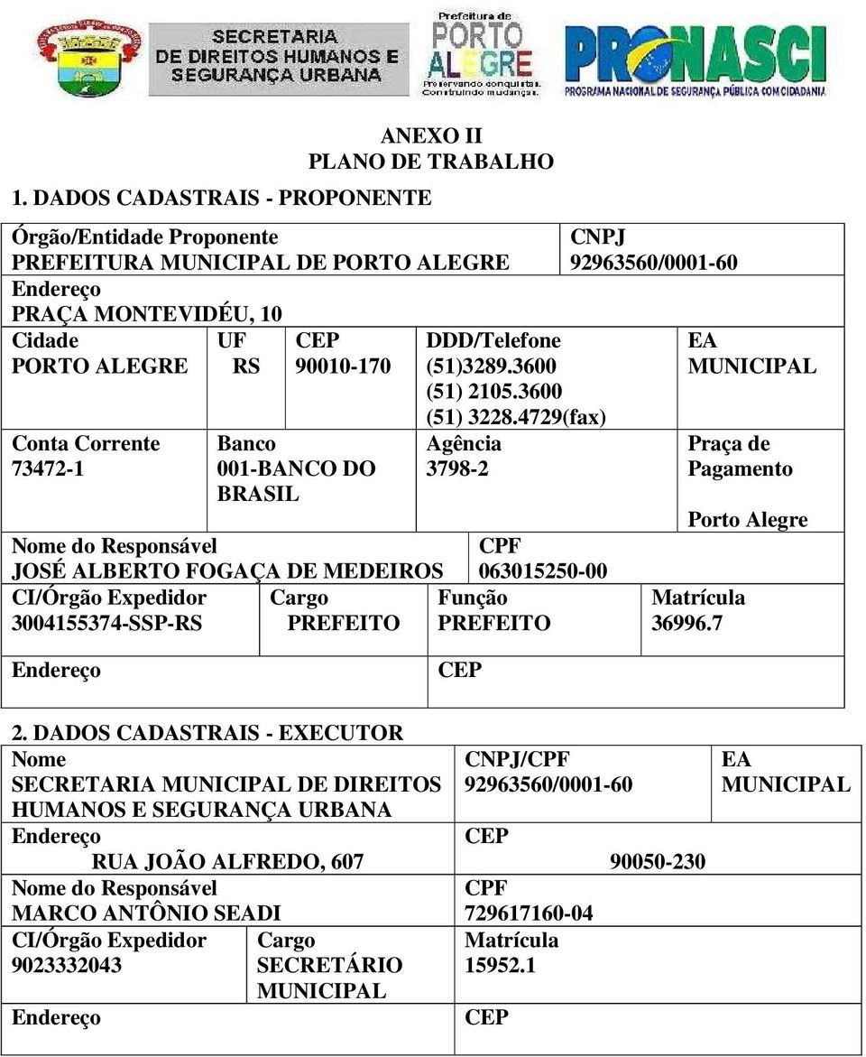 001-BANCO DO BRASIL Nome do Responsável JOSÉ ALBERTO FOGAÇA DE MEDEIROS CI/Órgão Expedidor Cargo 3004155374-SSP-RS PREFEITO DDD/Telefone (51)3289.3600 (51) 2105.3600 (51) 3228.