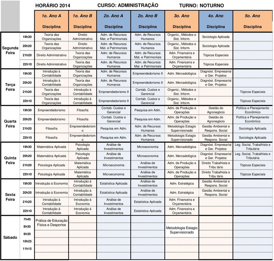 Empreendedorismo Filosofia Filosofia Filosofia Matemática Aplicada Matemática Aplicada Psicologia Aplicada Psicologia Aplicada Economia Economia Empreendedorism o Empreendedorism o Psicologia