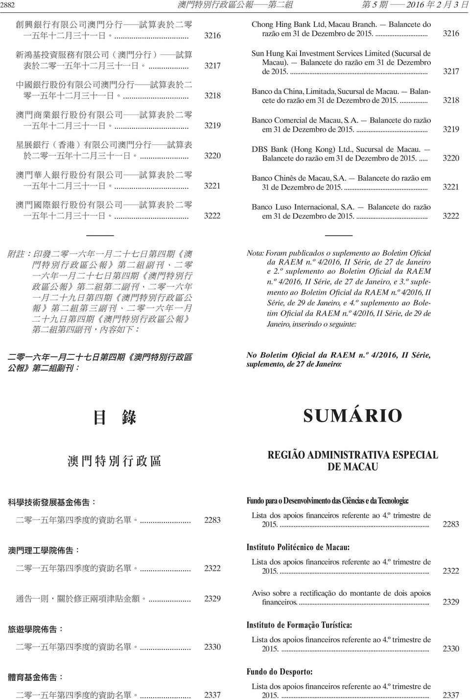 Balancete do razão em 31 de Dezembro de 2015.... 3218 Banco Comercial de Macau, S. A. Balancete do razão em 31 de Dezembro de 2015.... 3219 DBS Bank (Hong Kong) Ltd., Sucursal de Macau.