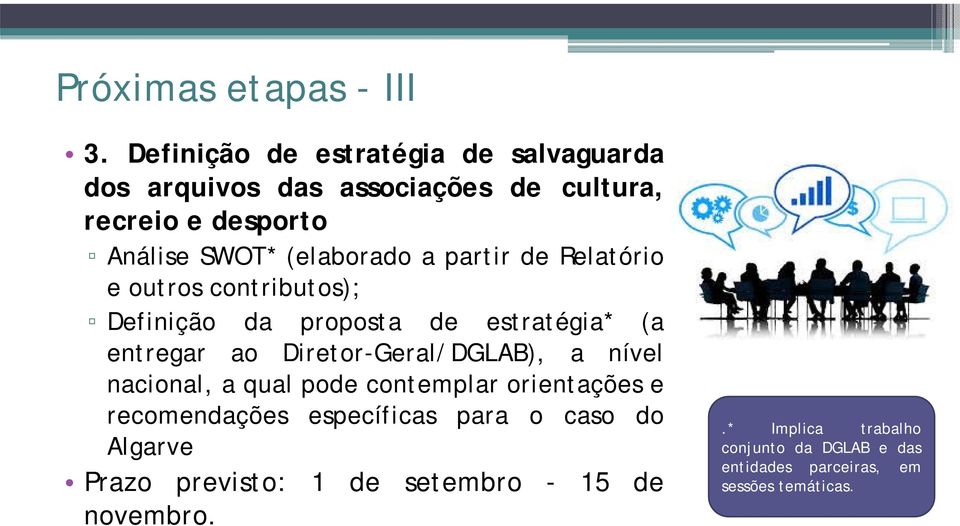 partir de Relatório e outros contributos); Definição da proposta de estratégia* (a entregar ao Diretor-Geral/DGLAB), a nível