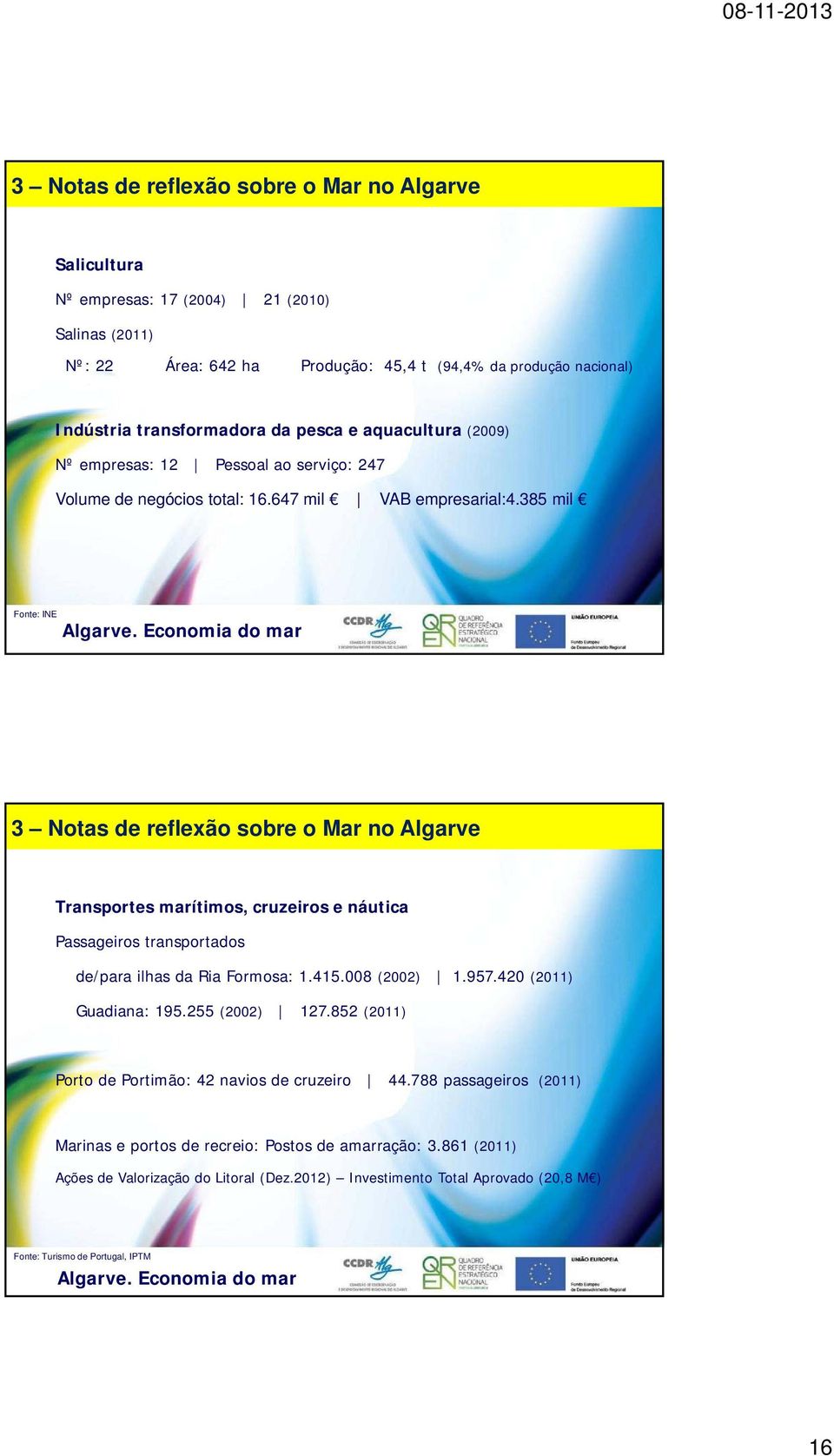 Economia do mar 3 Notas de reflexão sobre o Mar no Algarve Transportes marítimos, cruzeiros e náutica Passageiros transportados de/para ilhas da Ria Formosa: 1.415.008 (2002) 1.957.