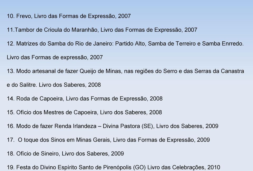 Modo artesanal de fazer Queijo de Minas, nas regiões do Serro e das Serras da Canastra e do Salitre. Livro dos Saberes, 2008 14. Roda de Capoeira, Livro das Formas de Expressão, 2008 15.