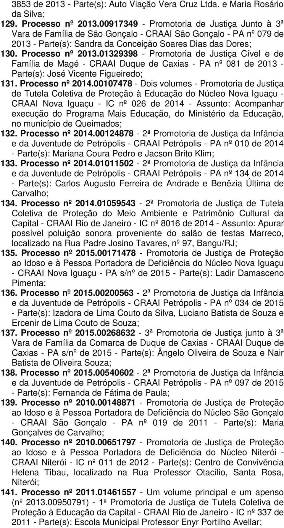 01329398 - Promotoria de Justiça Cível e de Família de Magé - CRAAI Duque de Caxias - PA nº 081 de 2013 - Parte(s): José Vicente Figueiredo; 131. Processo nº 2014.