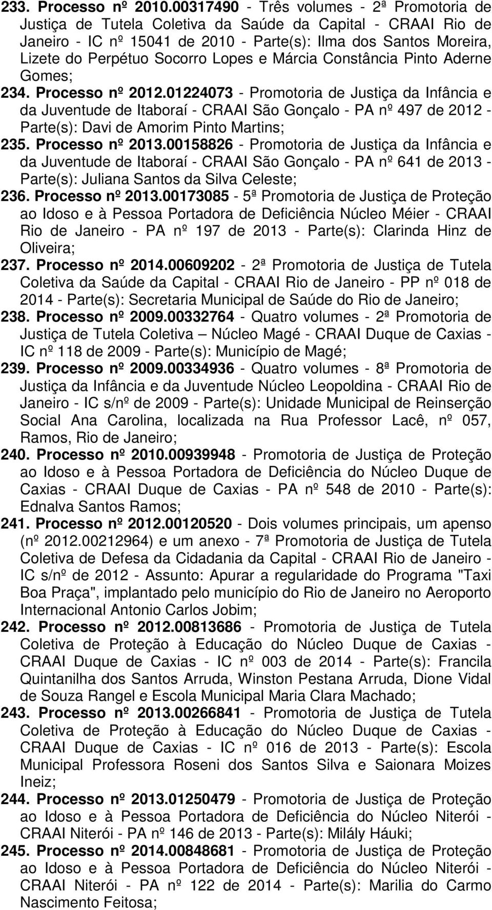 Lopes e Márcia Constância Pinto Aderne Gomes; 234. Processo nº 2012.