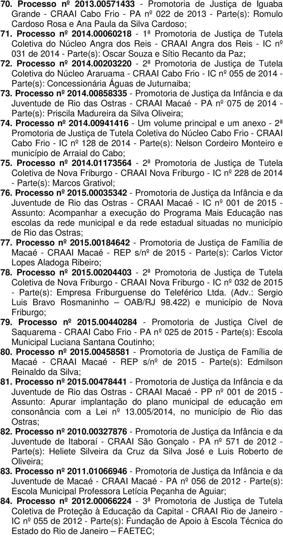 00203220-2ª Promotoria de Justiça de Tutela Coletiva do Núcleo Araruama - CRAAI Cabo Frio - IC nº 055 de 2014 - Parte(s): Concessionária Águas de Juturnaiba; 73. Processo nº 2014.