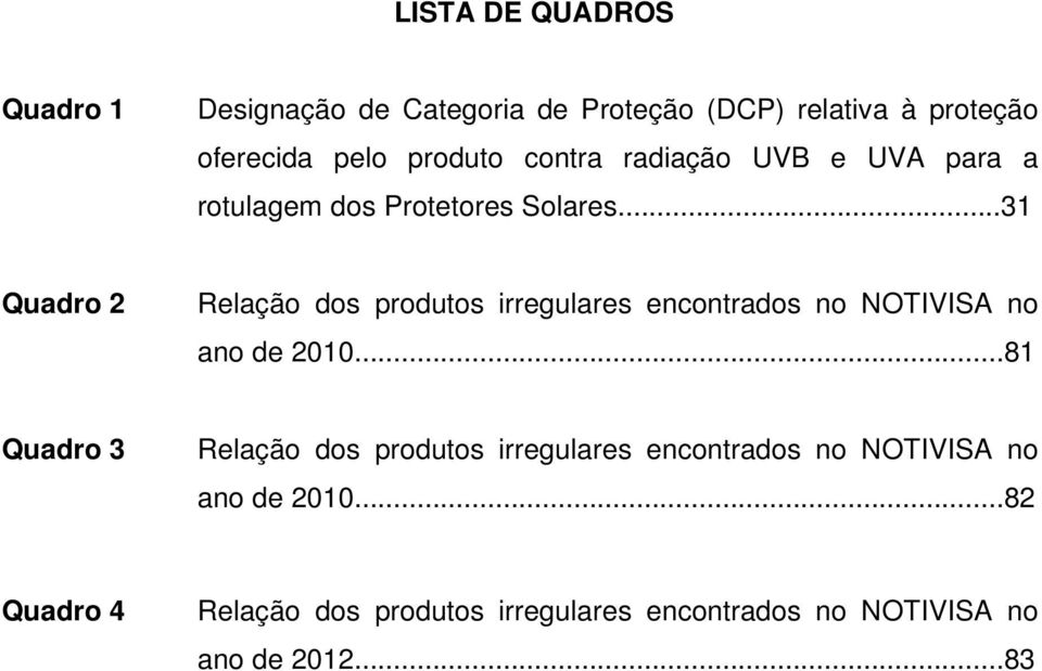..31 Quadro 2 Relação dos produtos irregulares encontrados no NOTIVISA no ano de 2010.