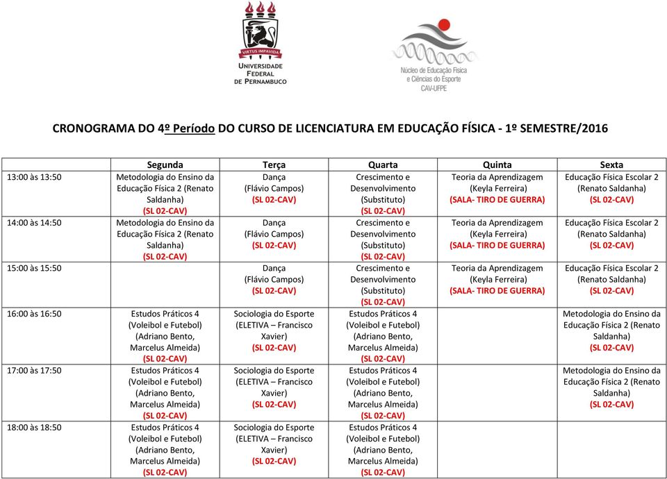 Estudos Práticos 4 17:00 às 17:50 Estudos Práticos 4 18:00 às 18:50 Estudos Práticos 4 Sociologia do Esporte (ELETIVA Francisco Xavier) Sociologia do Esporte (ELETIVA Francisco Xavier) Sociologia do