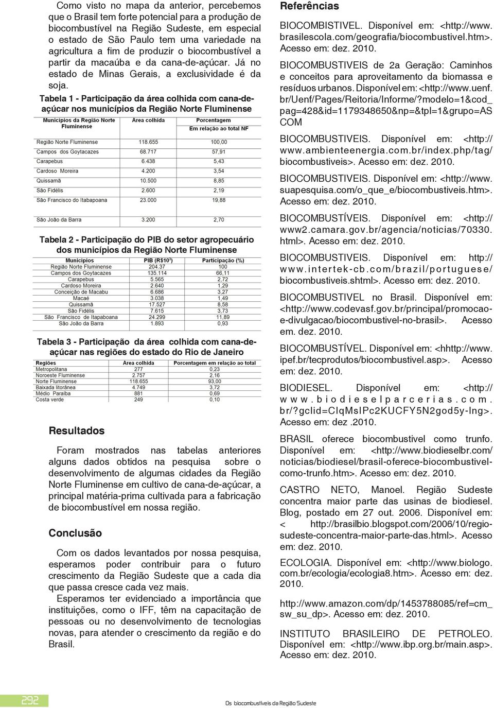 Tabela 1 - Participação da área colhida com cana-deaçúcar nos municípios da Região Norte Fluminense Tabela 2 - Participação do PIB do setor agropecuário dos municípios da Região Norte Fluminense