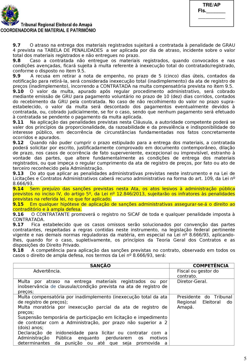 8 Caso a contratada não entregue os materiais registrados, quando convocados e nas condições avençadas, ficará sujeita à multa referente à inexecução total do contratado/registrado, conforme o