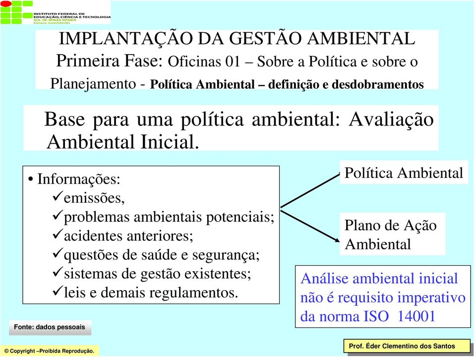 de saúde e segurança; sistemas de gestão existentes; leis e demais regulamentos.