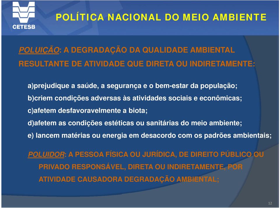 desfavoravelmente a biota; d)afetem as condições estéticas ou sanitárias do meio ambiente; e) lancem matérias ou energia em desacordo com os