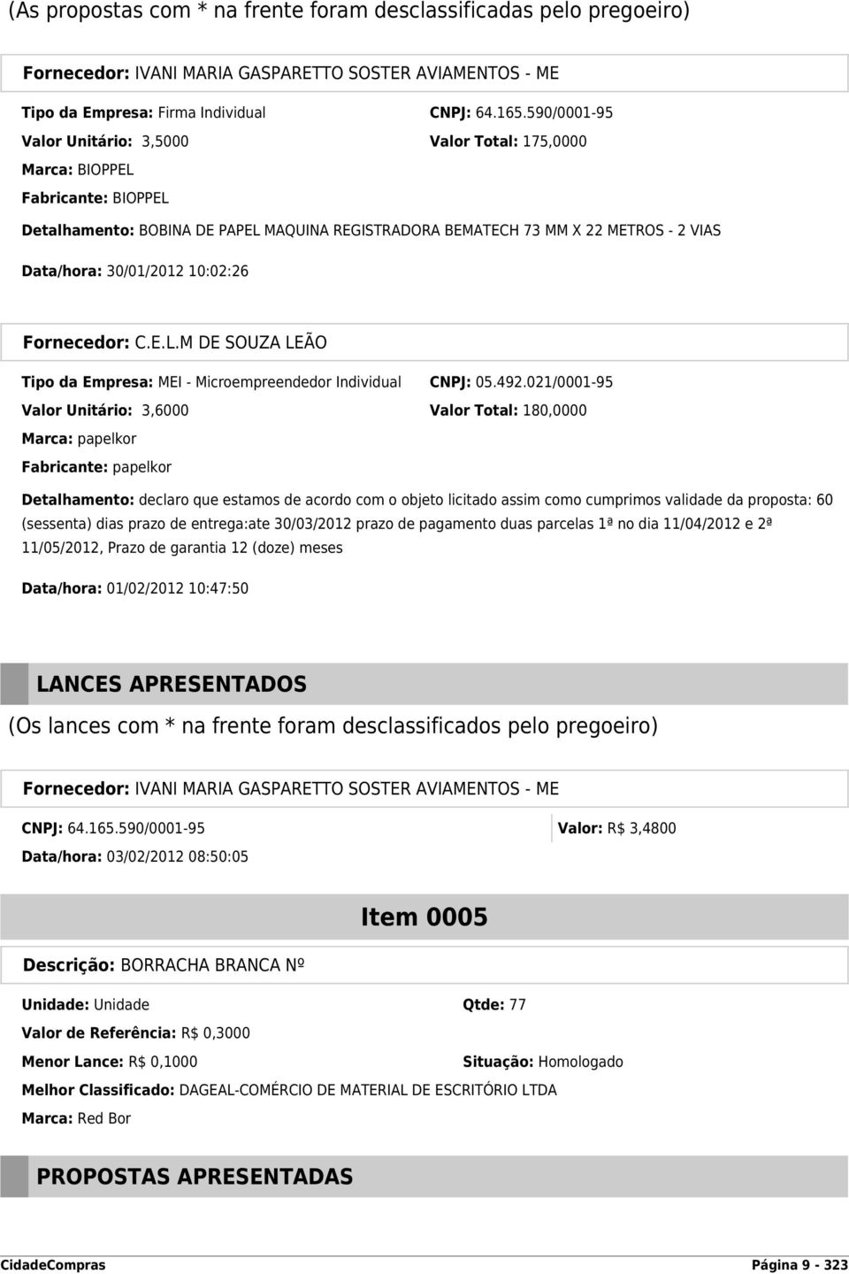 30/01/2012 10:02:26 Fornecedor: C.E.L.M DE SOUZA LEÃO Tipo da Empresa: MEI - Microempreendedor Individual CNPJ: 05.492.