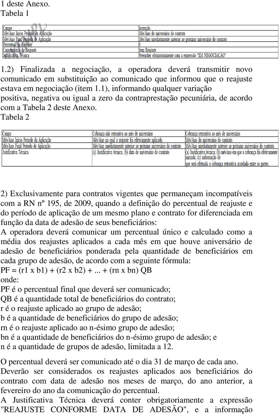 Tabela 2 2) Exclusivamente para contratos vigentes que permaneçam incompatíveis com a RN nº 195, de 2009, quando a definição do percentual de reajuste e do período de aplicação de um mesmo plano e