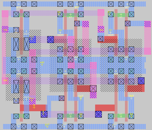 A Figura XXIV apresenta o layout para o decodificador 2X4 elaborado a partir das portas lógicas construídas e