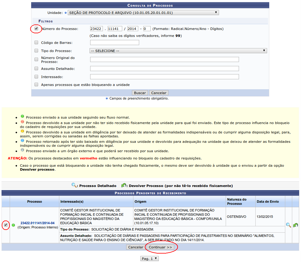 Marcar a caixa à esquerda do processo solicitado e clicar em Continuar