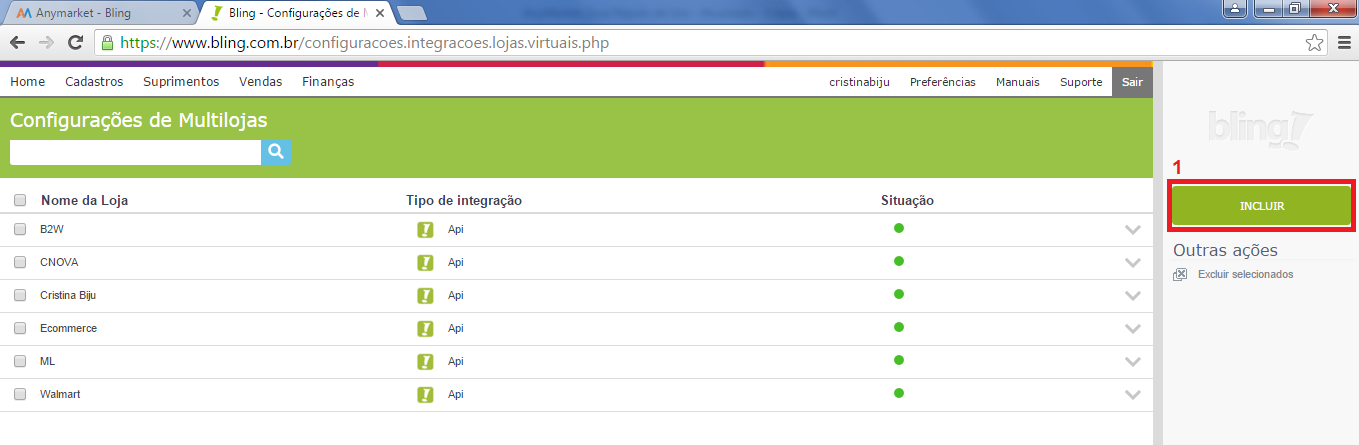 4. Integração Multilojas A Integração entre o ANYMARKET e o ERP Bling, permite aos lojistas que possuem multilojas realizar a