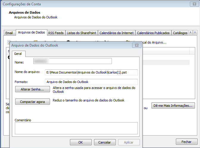 Abrirá a tela de Configurações de Contas. Clique na segunda aba Arquivos de Dados e será exibido o nome da PST (dado pelo usuário), bem como o diretório e/ou pasta onde o arquivo de extensão.